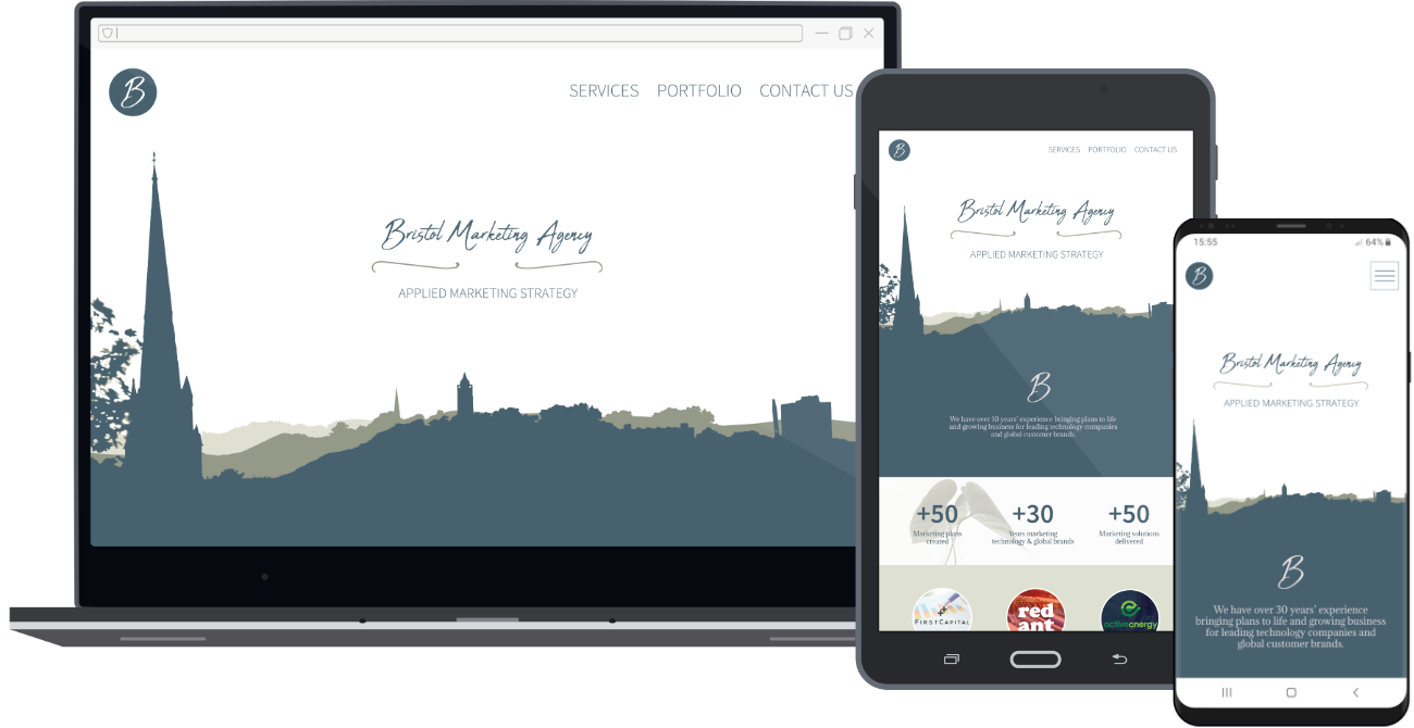 Homepage design mockups on desktop, tablet and mobile