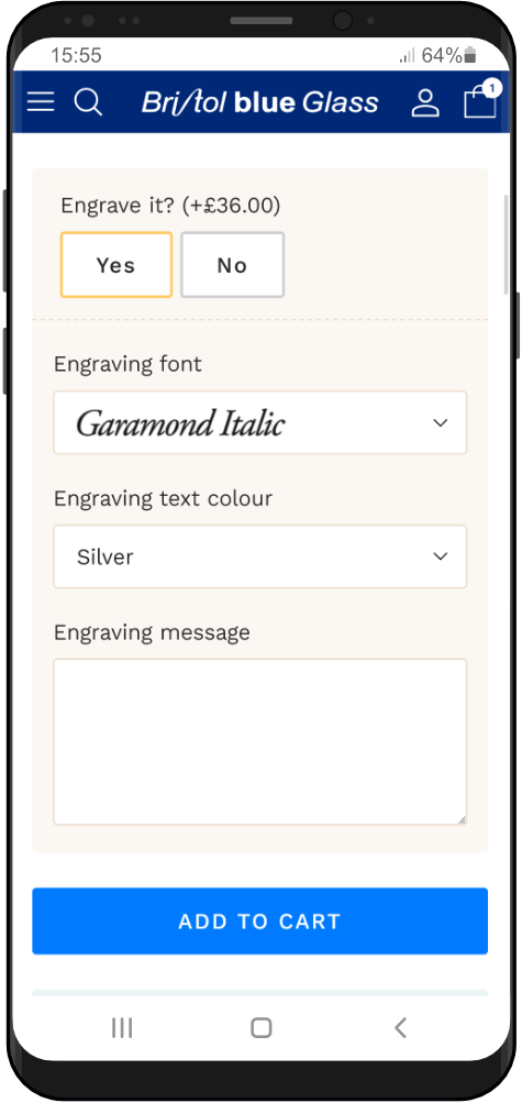Mobile screenshot of the engraving options on a Bristol Blue Glass product page