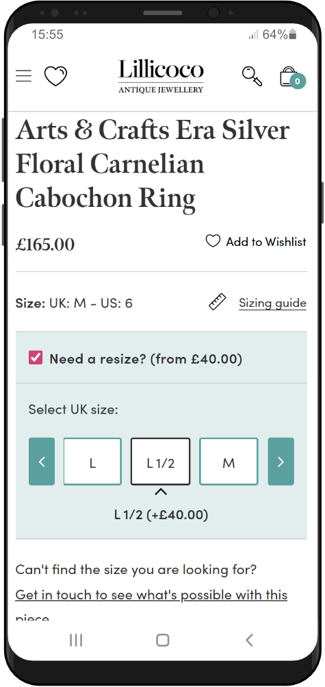 Mobile screenshot of the ring resizing options on a Lillicoco product page